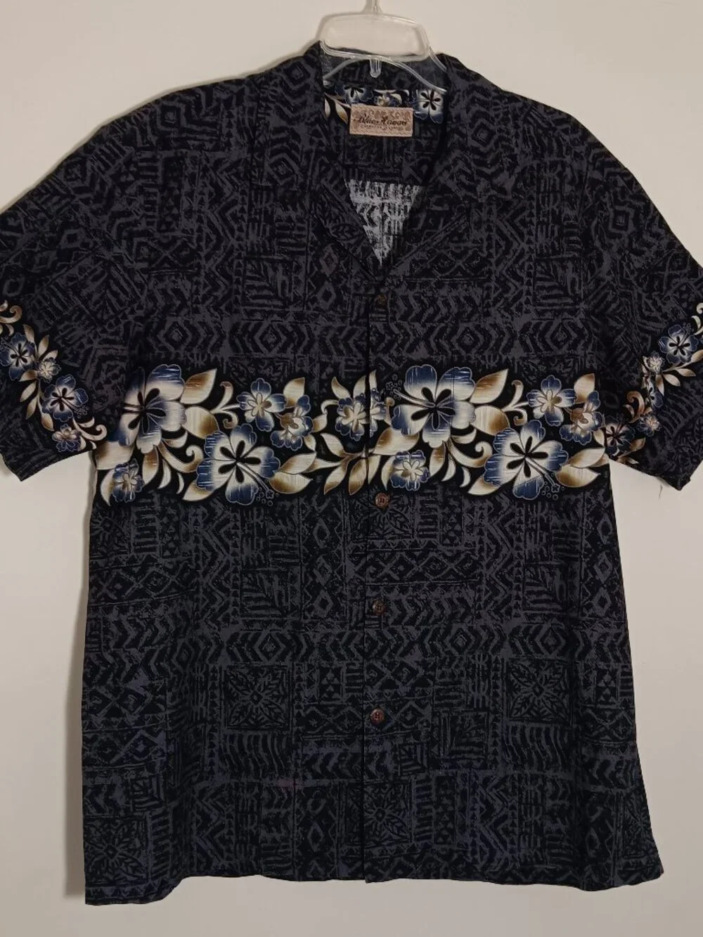 Blue hawaii hawaiian shirt mens hibiscus tribal Aloha button up made in Hawaii